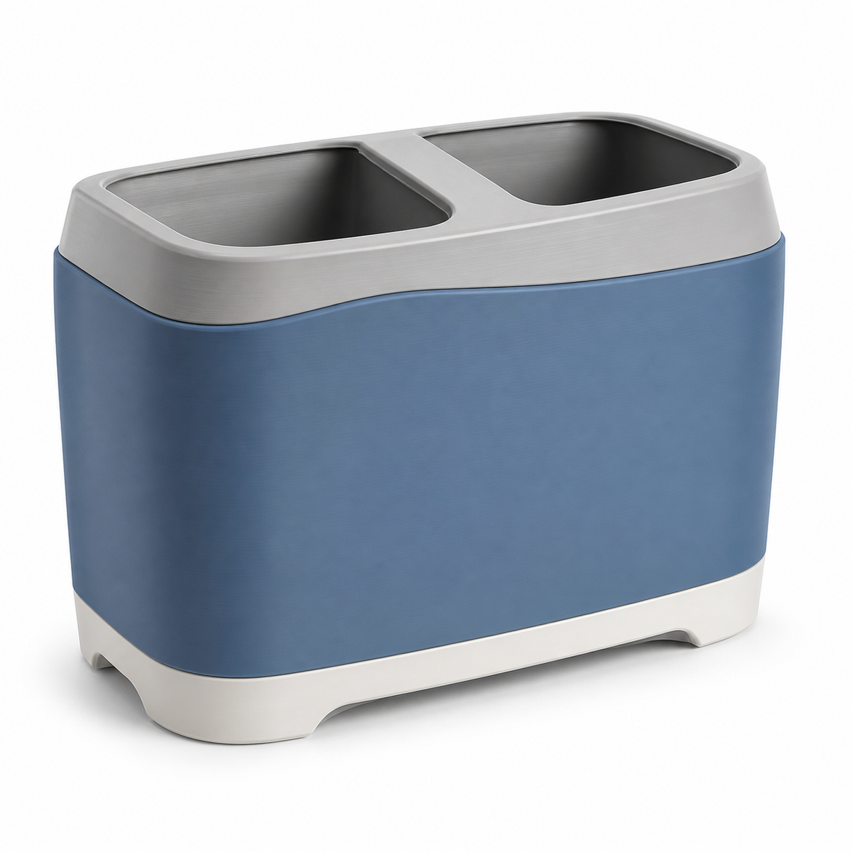 Product illustration of "Two-Sorting Container in blue and grey" on white background: Sorting Container; Basic shape: wide rectangular shape with two open throw-in chambers; Design: a slightly protruding light grey edge and short feet; Colours: blue, grey and white.