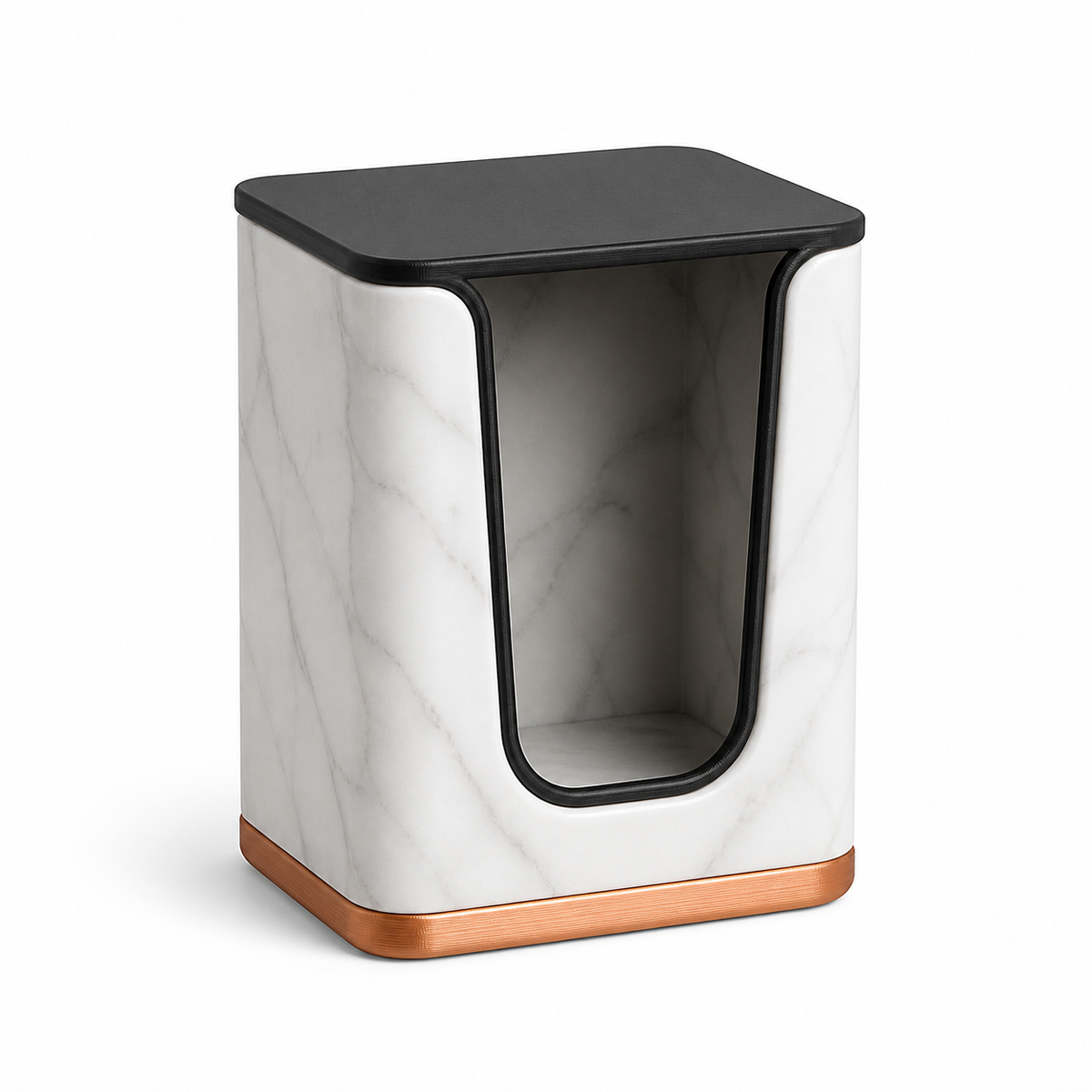 Product illustration of “marble-looking bathroom container” on white background: bathroom container; Basic shape: high rectangular shape with flat lid and large front opening; Design: a deep cut-out U-shaped removal zone and clear edges; Colours: marble white, black and copper.