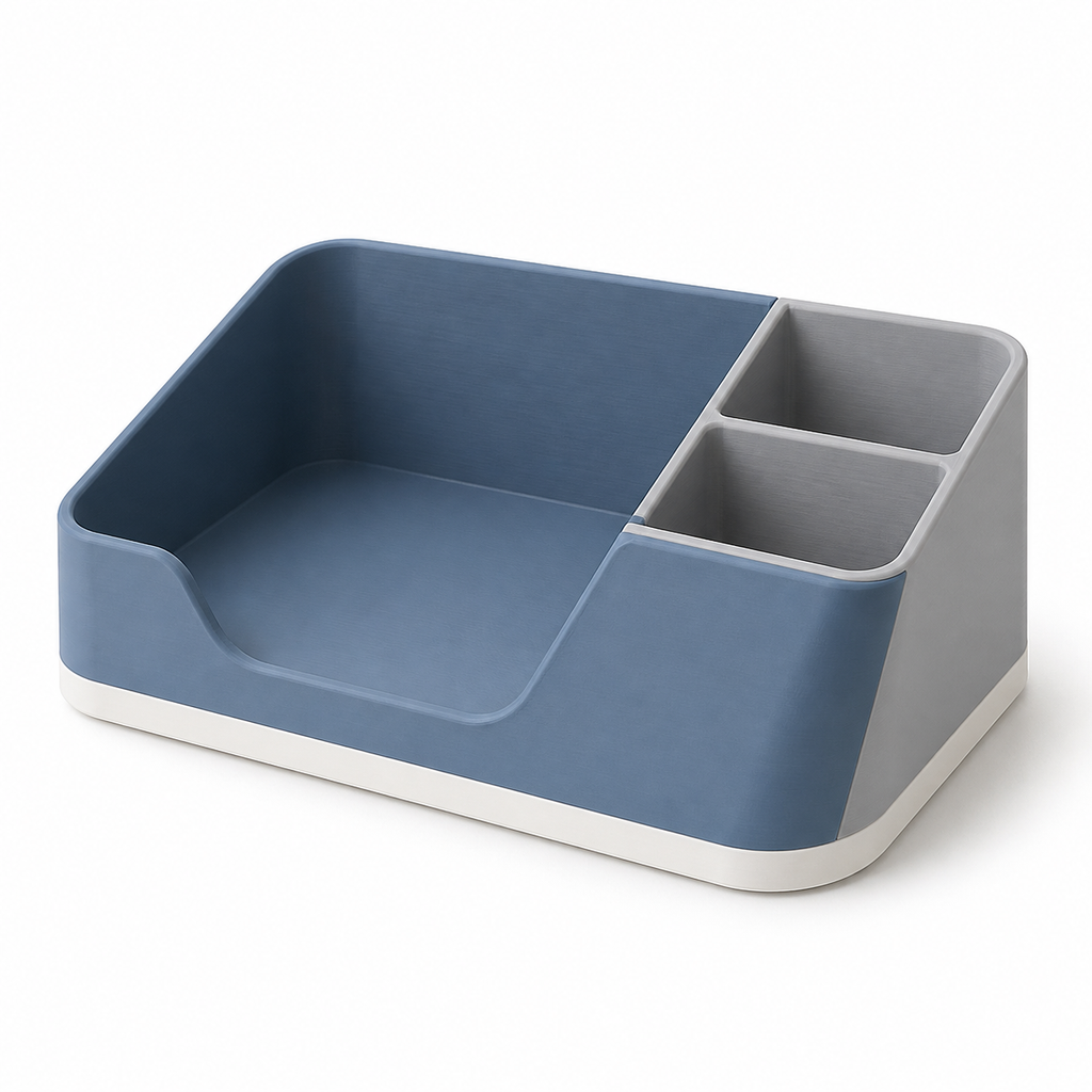 Badablage mit drei Fächern in Blau – Produktansicht auf weißem Hintergrund; Farben: Blau, Grau und Weiß.