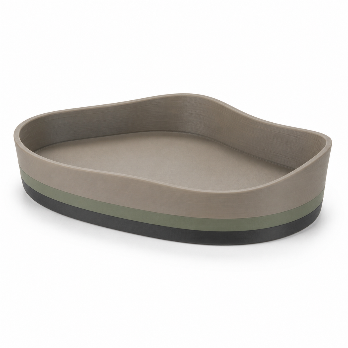 Organisch geformtes Dekotablett in Taupe – Produktansicht auf weißem Hintergrund; Farben: Taupe, Salbeigrün und Anthrazit.