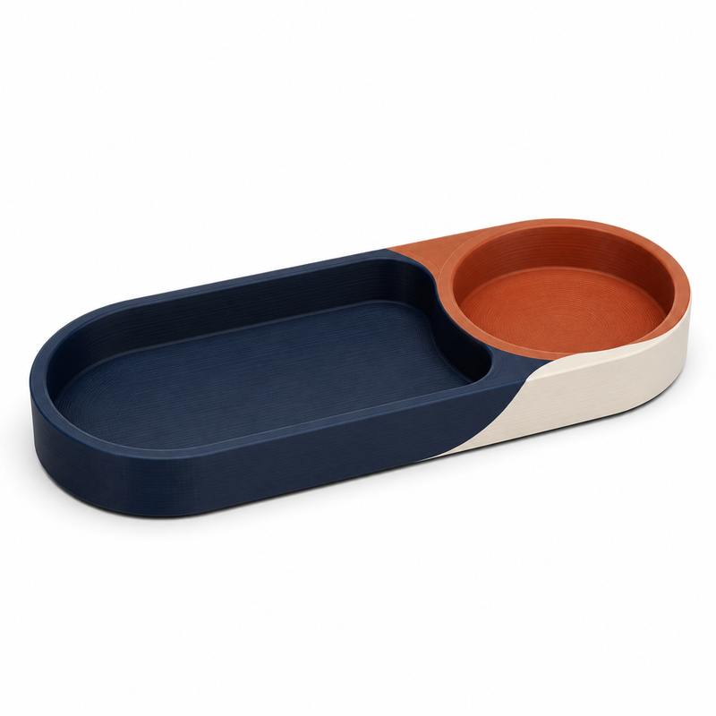 Zweifach-Dekotablett in Navy und Terrakotta – Produktansicht auf weißem Hintergrund; Farben: Navyblau, Terrakotta und Creme.