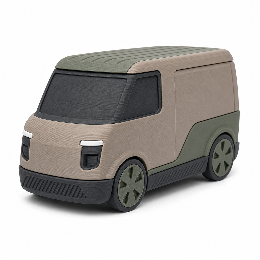 Modernes Lieferwagen-Modell in Taupe und Salbei – Produktansicht auf weißem Hintergrund; Farben: Taupe, Salbeigrün und Anthrazit.