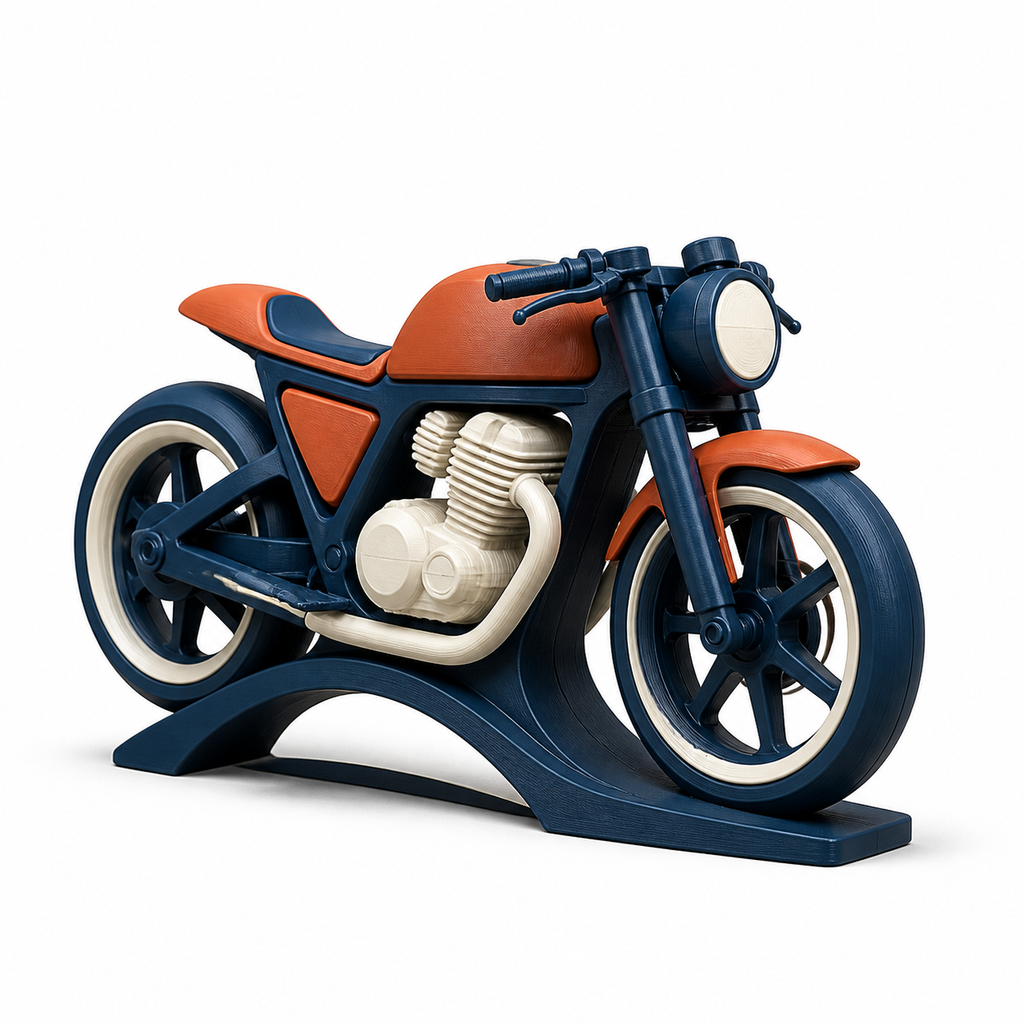 Modernes Motorrad-Modell in Navy und Terrakotta – Produktansicht auf weißem Hintergrund; Farben: Navyblau, Terrakotta und Creme.