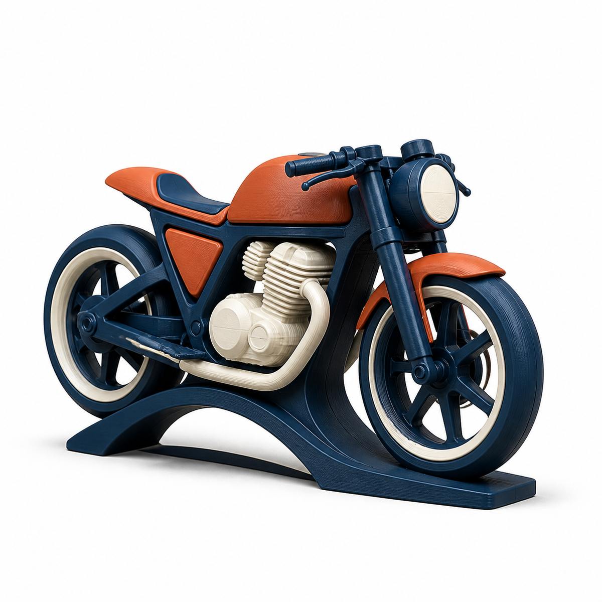 Modernes Motorrad-Modell in Navy und Terrakotta – Produktansicht auf weißem Hintergrund; Farben: Navyblau, Terrakotta und Creme.