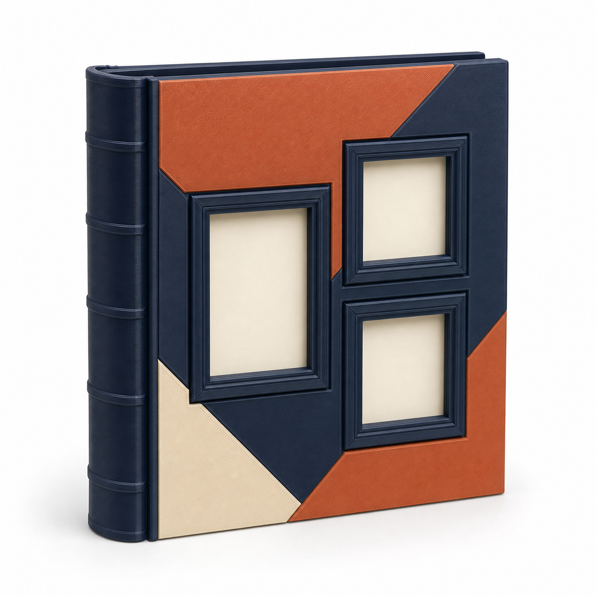Fotoalbum mit drei geometrischen Bildfenstern – Produktansicht auf weißem Hintergrund; Farben: Navyblau, Terrakotta und Creme.