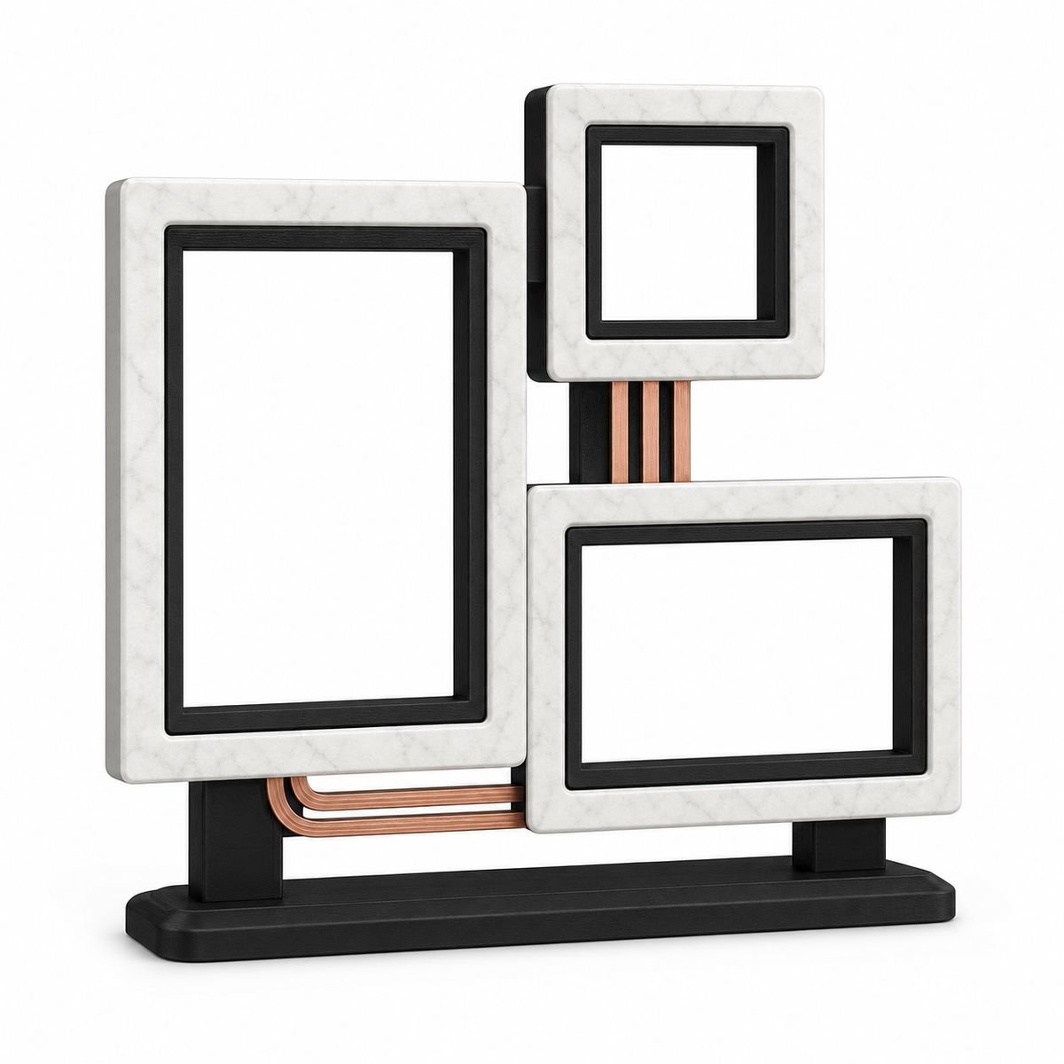 Product image of “Triple photo frame with asymmetrical arrangement” on a white background: Multi-photo frame; Basic shape: freestanding composition of three rectangular frames of different sizes; Design: offset heights and narrow supports on a common basis; Colours: marble white, black and copper.
