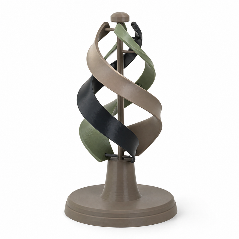 Spiralförmige Gartenskulptur in Taupe und Salbei – Produktansicht auf weißem Hintergrund; Farben: Taupe, Salbeigrün und Anthrazit.