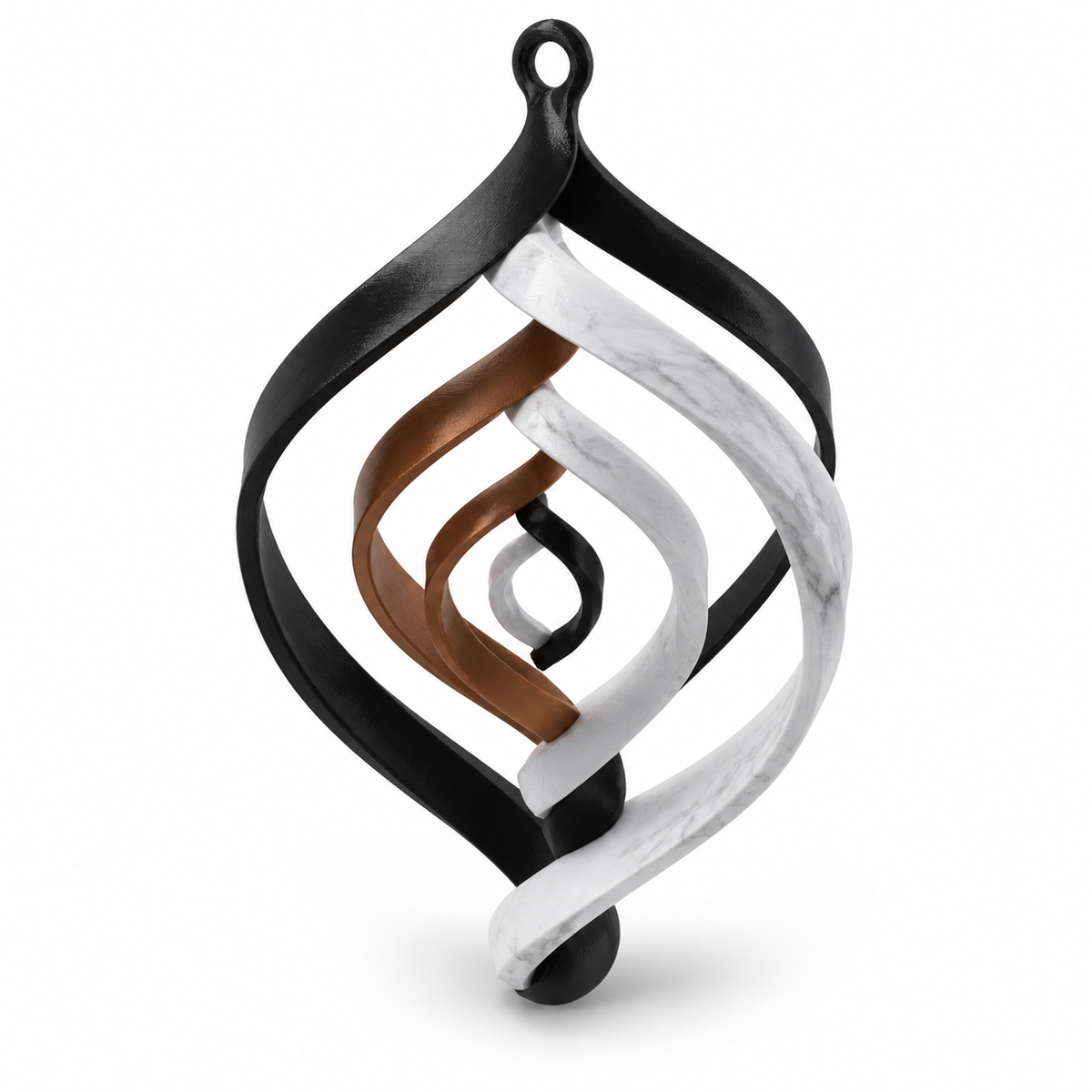 Product illustration of "Spiral hanging decoration in black, white and copper" on white background: hanging decoration; Basic shape: conical twisted droplet shape with small upper eyelet; Design: four contiguous open spiral frames; Colours: marble white, black and copper.