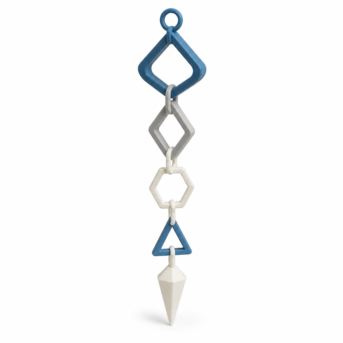 Product illustration of "Geometric hanging decoration with polygon chain" on white background: hanging decoration; Basic shape: long vertical chain of diamonds, hexagons and triangles; Design: five open modules with a pointed bottom pendant; Colours: blue, grey and white.