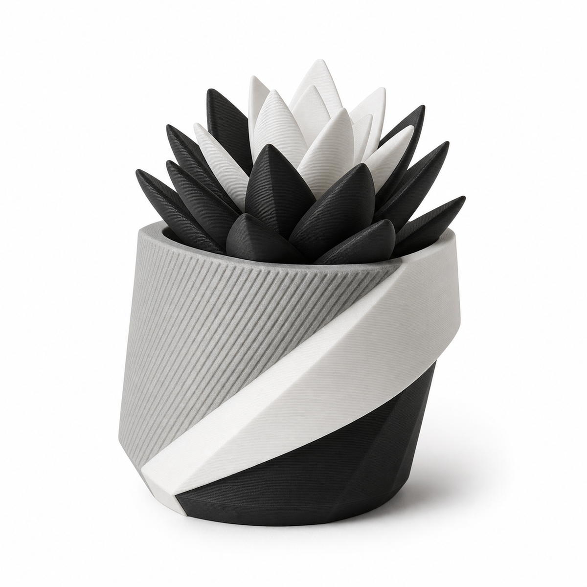 Product illustration of “Artificial succulents in black and white” on white background: artificial plant; Basic shape: compact rosette-shaped plant in an edged rounded top; Design: densely staggered pointed leaves and a diagonally encompassed pot shape; Colours: white, grey and black.
