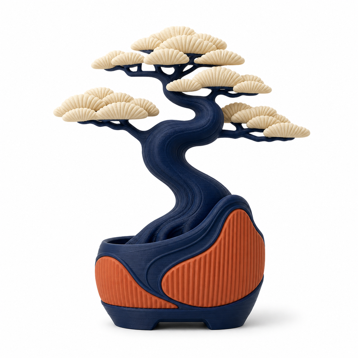 Künstlicher Bonsai in Navy und Terrakotta – Produktansicht auf weißem Hintergrund; Farben: Navyblau, Terrakotta und Creme.