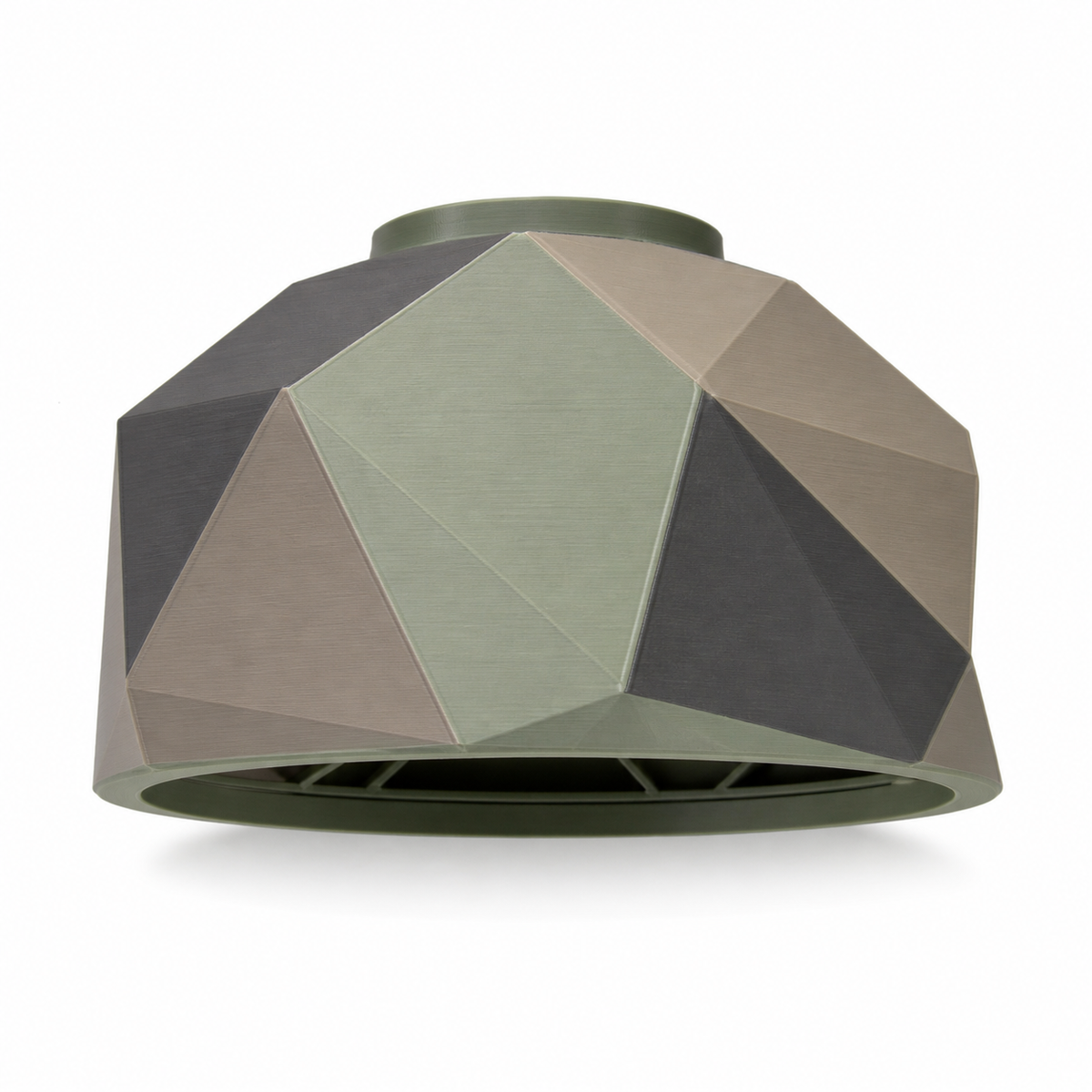 Product image of "Faced lampshade in taupe and sage" on white background: lampshade; Basic shape: wide low dome shape with small round upper opening; Design: large polygonal exterior facets and an open geometric undergrid; Colours: taupe, sage green and anthracite.