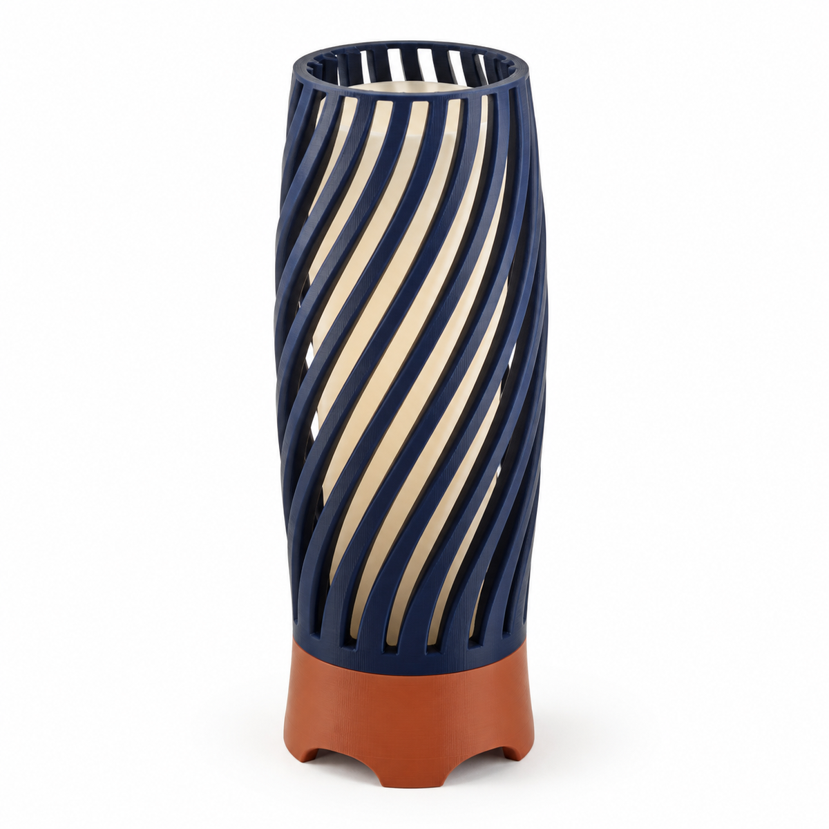 Zylindrische LED-Leuchte mit Spiralstreben – Modern – Produktansicht auf weißem Hintergrund; Farben: Navyblau, Terrakotta und Creme.