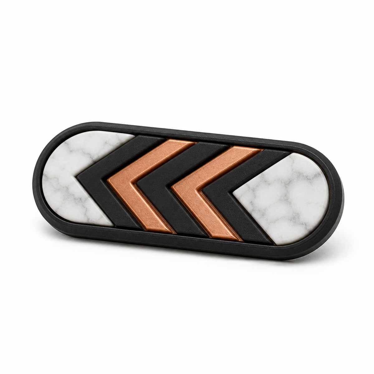 Länglicher Magnet mit Kupfer-Chevrons – Produktansicht auf weißem Hintergrund; Farben: Marmorweiß, Schwarz und Kupferfarben.