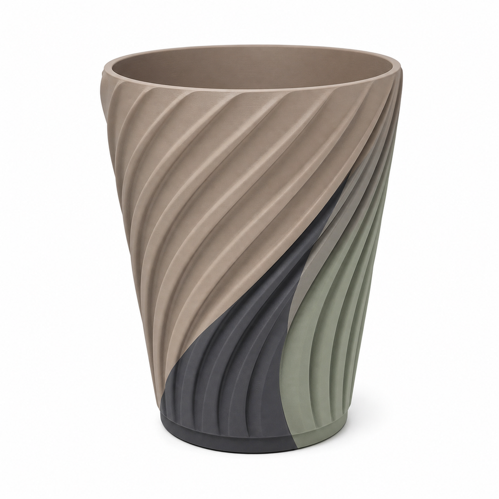 Hoher Pflanztopf mit Spiralrippen – Modern – Produktansicht auf weißem Hintergrund; Farben: Taupe, Salbeigrün und Anthrazit.