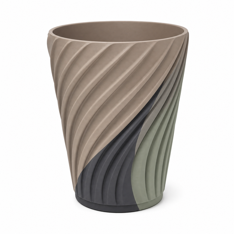 Hoher Pflanztopf mit Spiralrippen – Modern – Produktansicht auf weißem Hintergrund; Farben: Taupe, Salbeigrün und Anthrazit.