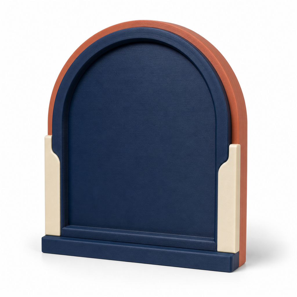Product image of "Arc-shaped door sign in Navy and terracotta" on white background: door sign; Basic shape: high arc shape on a narrow lower base strip; Design: a large navy blue inner surface and two colored side frames; Colours: navy blue, terracotta and cream.