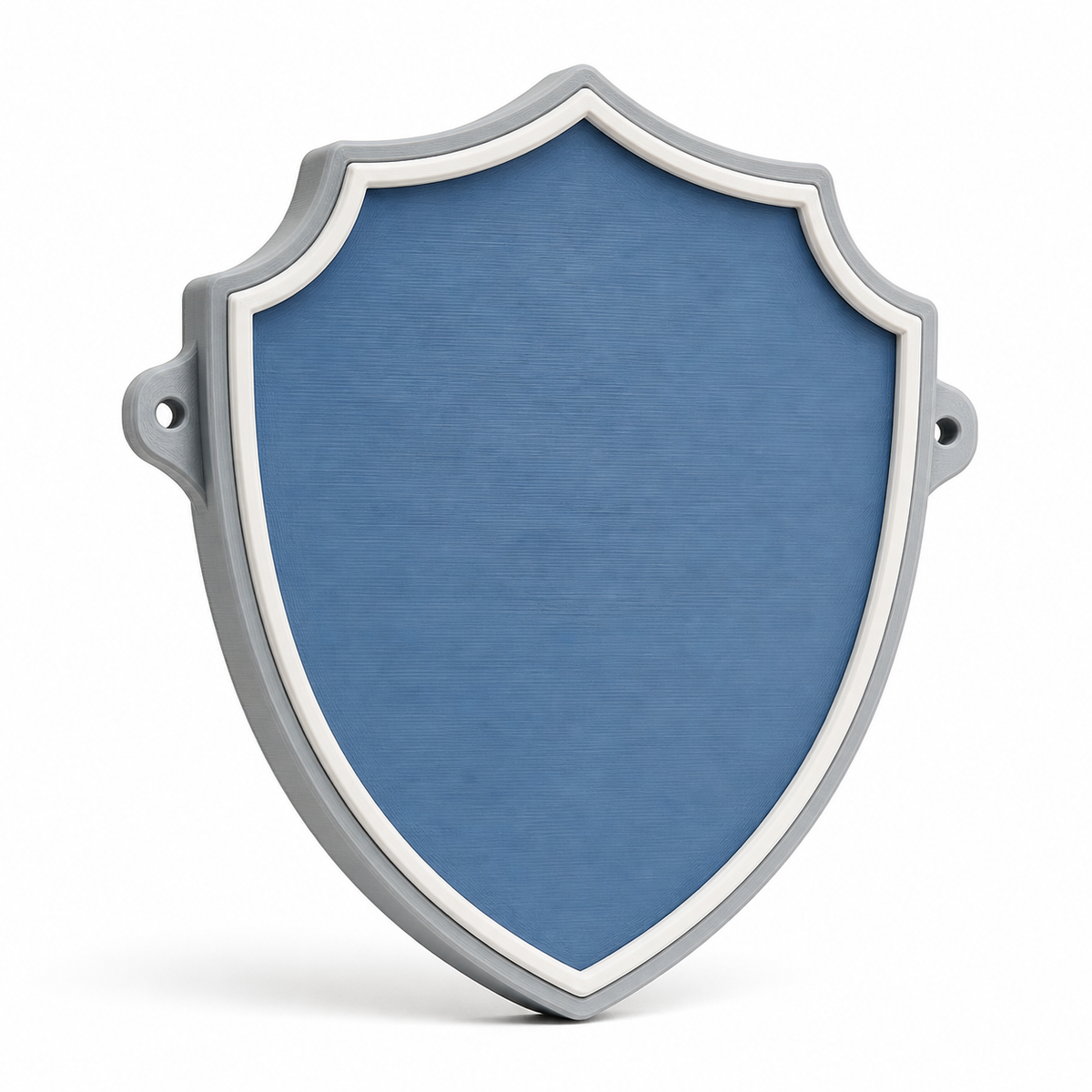 Product image by “Shield-shaped door sign in blue und white” on white background: door sign; Basic shape: high downwards pointed arms with two side eyelets; Design: a double curved bright edge and a large blue middle; Colours: blue, grey und white.