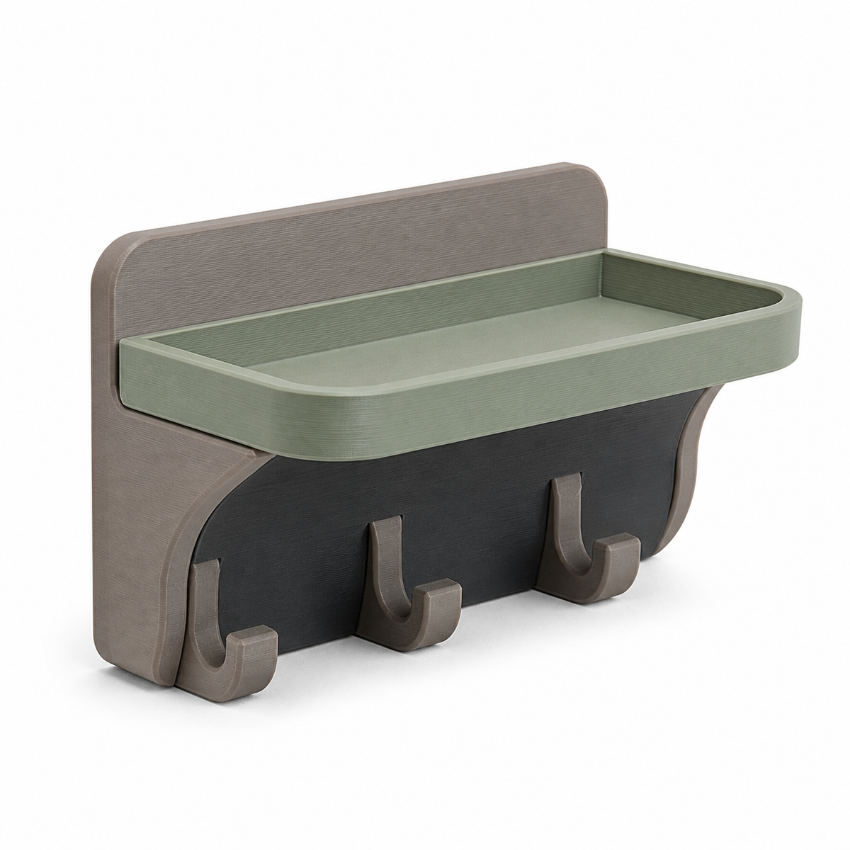 Product illustration of “wall shelf with three hooks in taupe and sage” on a white background: key tray; Basic shape: wide sage green tray in front of a taupe-colored back wall; Design: three curved lower hooks and an asymmetric dark side surface; Colours: taupe, sage green and anthracite.