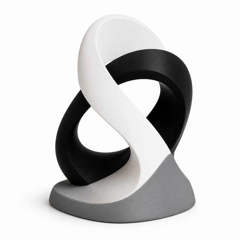 Product image of "abstract continuous loop sculpture in black and white" on white background: decorative sculpture; Basic shape: upright loop shape on a grey base; Design: two interlocking broad bands and several open spaces; Colours: white, grey and black.