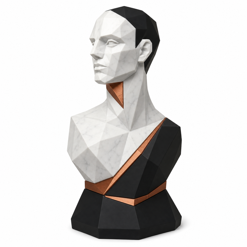 Product illustration of “Marble-looked portrait bust” on a white background: Deco bust; Basic shape: human head and shoulder bust on an angular black base; Design: geometrically modeled facial features and asymmetric chest surfaces; Colours: marble white, black and copper.
