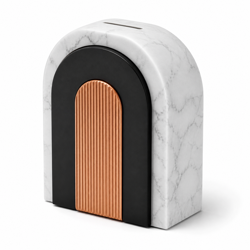 Product illustration of “Arc-shaped money box in marble look” on white background: money box; Basic shape: high rounded body with flat stand and upper insertion slot; Design: a large arc-shaped black front and a ribbed inner panel; Colours: marble white, black and copper.