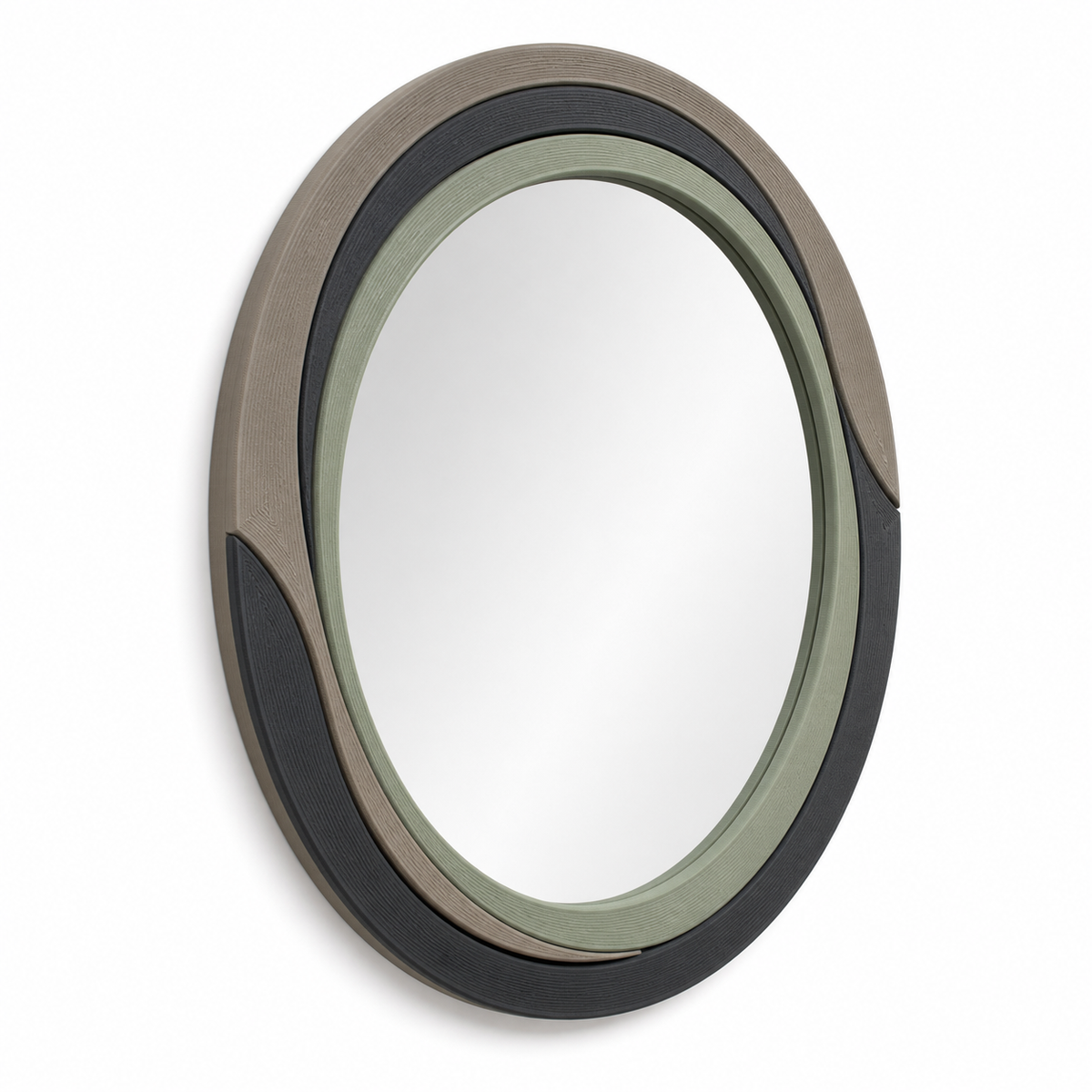 Product image of "Oval Mirror frames in taupe and sage" on white background: Mirror frames; Basic shape: high oval shape with several concentric framebands; Design: organically divided outer surfaces and a narrow sage green inner ring; Colours: taupe, sage green and anthracite.