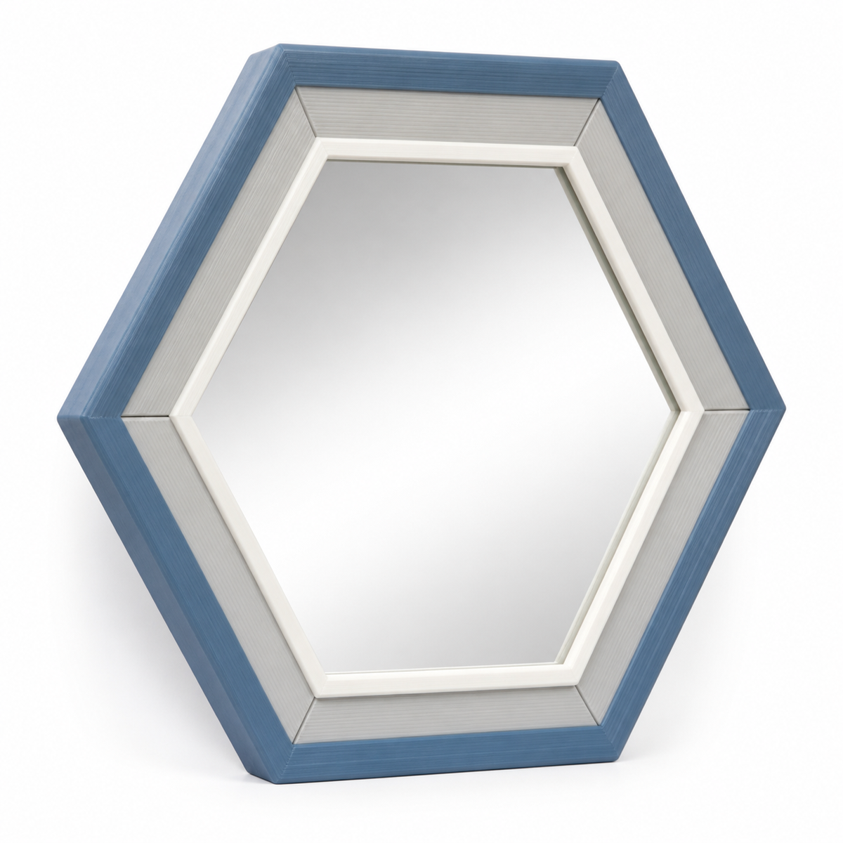 Product illustration of “Six-sided mirror frames in blue and white” on a white background: Mirror frames; Basic shape: regular hexagonal shape with triangular edge; Design: wide clear frame strips and a slightly rearward inclined Placement; Colours: blue, grey and white.