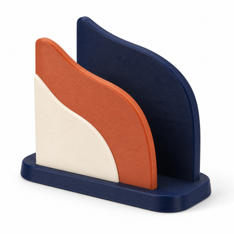 Serviettenhalter mit drei Wellenflächen – Produktansicht auf weißem Hintergrund; Farben: Navyblau, Terrakotta und Creme.