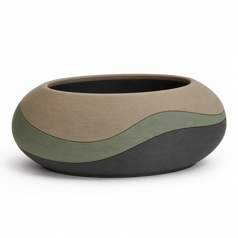 Product illustration by “taupe and sage belly vase” on a white background: decorative vase; Basic shape: low wide-drawn vase shape with wide oval opening; Design: a soft curved three-part exterior layout; Colours: taupe, sage green and anthracite.