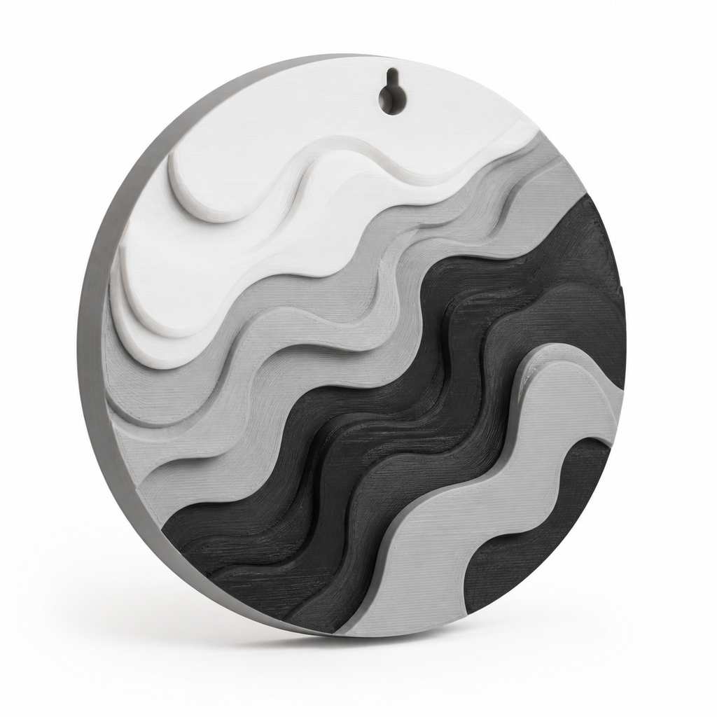 Product image of "round wall relief mit abstrakten Wellen" on a white background: wall relief; Basic shape: round reliefplatte with small upper suspension opening; Design: several organically layered wavebands at different heights; Colours: white, grey and black.