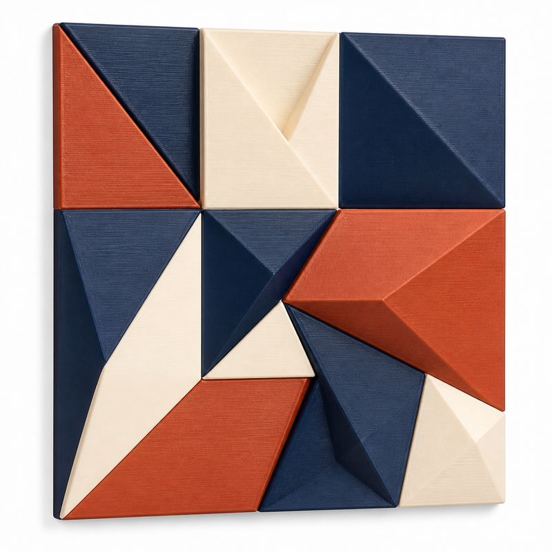 Quadratisches Wandrelief mit Faltgeometrie – Produktansicht auf weißem Hintergrund; Farben: Navyblau, Terrakotta und Creme.