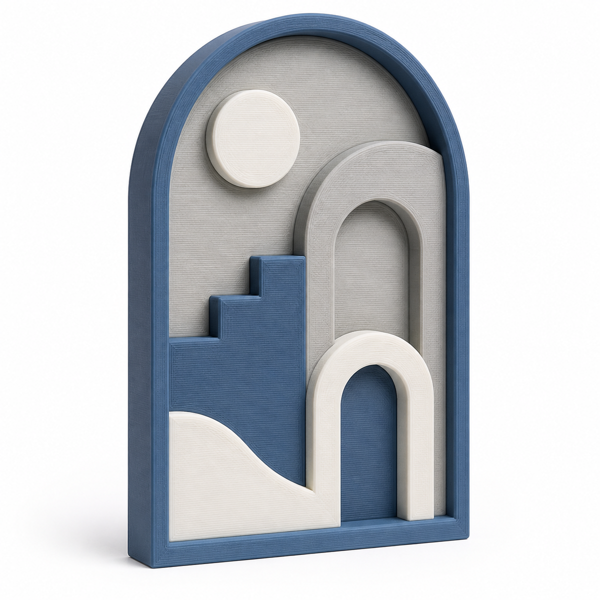 Product illustration by “Arc-shaped wall relief with abstract architecture” on white background: wall relief; Basic shape: high arc plate with deep staggered interior; Design: multiple arches, stairs, circles and curved floor surfaces; Colours: blue, grey and white.