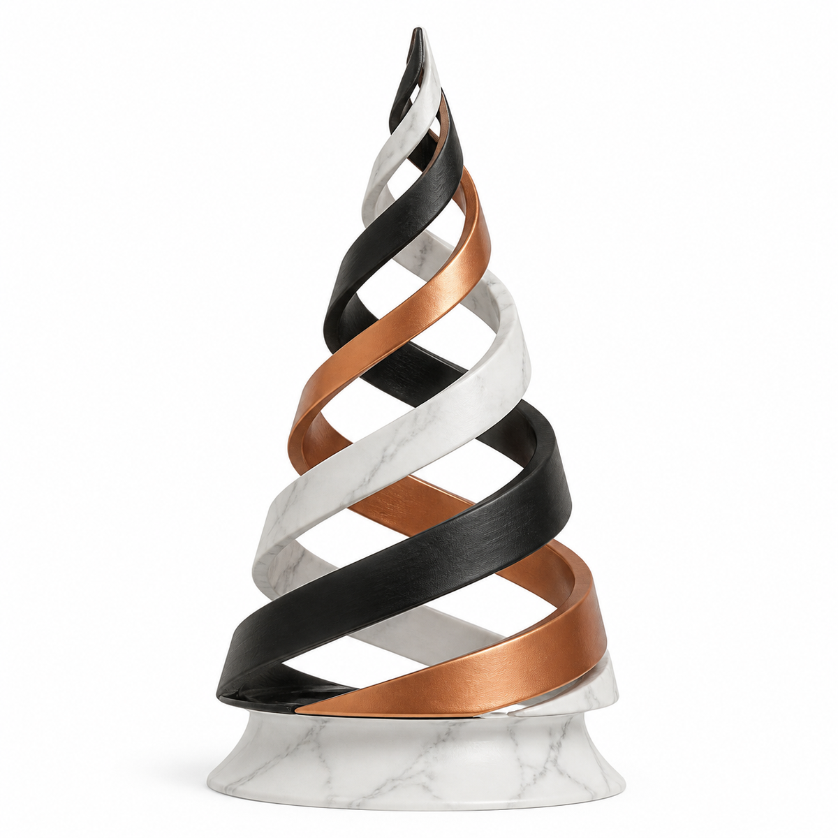 Offener Spiral-Weihnachtsbaum in Marmoroptik und Kupfer – Produktansicht auf weißem Hintergrund; Farben: Marmorweiß, Schwarz und Kupferfarben.