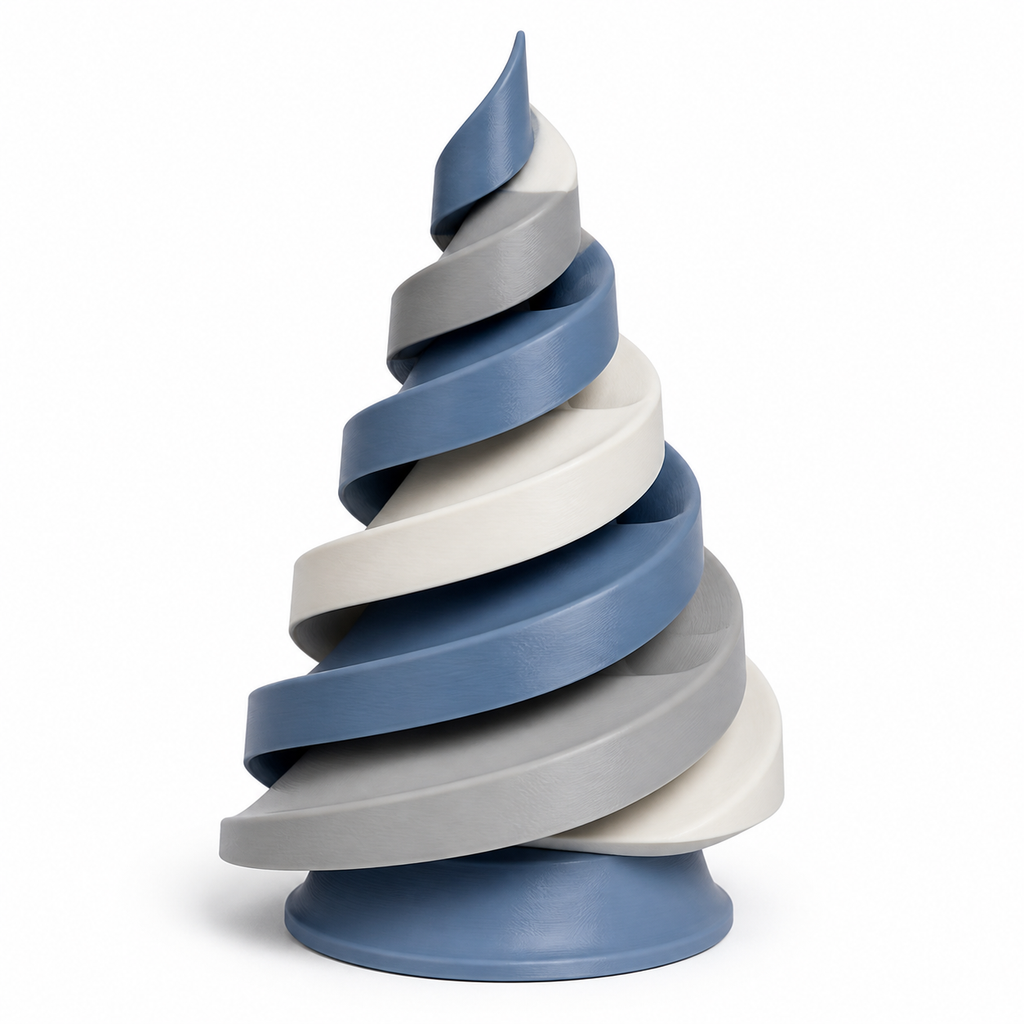 Spiral-Weihnachtsbaum in Blau, Grau und Weiß – Produktansicht auf weißem Hintergrund; Farben: Blau, Grau und Weiß.