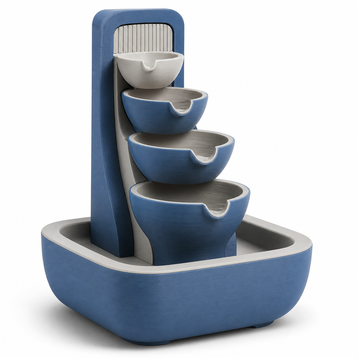 Product illustration of “Cascade fountain with four blue bowls” on a white background: Indoor fountains; Basic shape: high narrow frame with four staggered bowls in a rectangular collection basin; Design: asymmetrically arranged outlets and a ribbed upper rear wall; Colours: blue, grey and white.