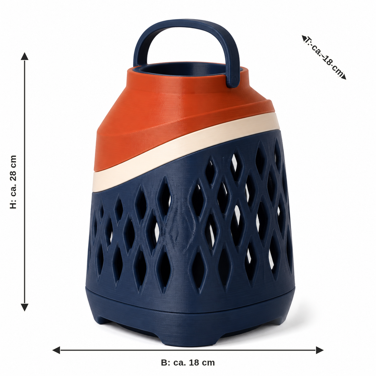 Dimensional image for Modern garden lantern in Navy and terracotta: width approx. 18 cm, depth approx. 18 cm, height approx. 28 cm