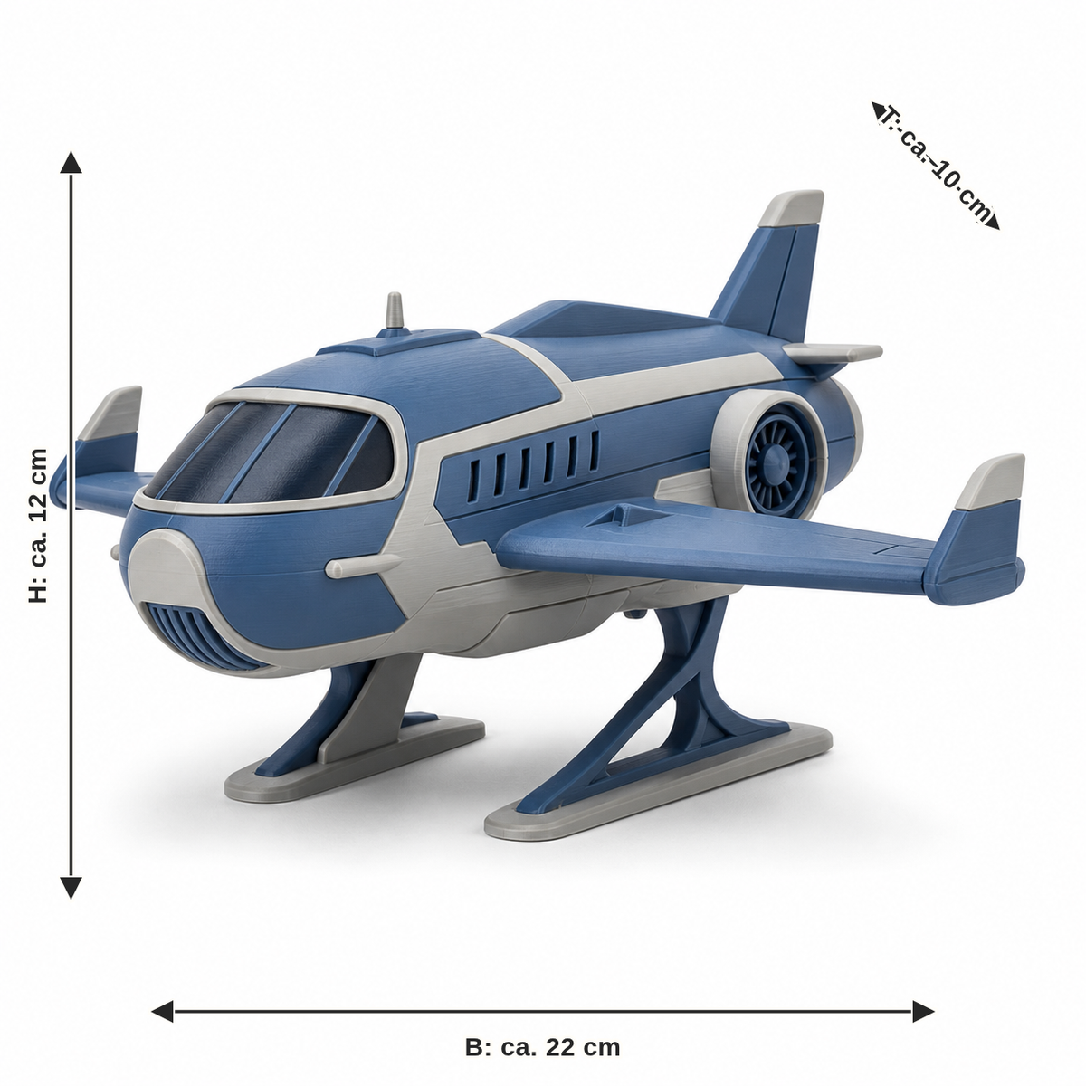 Measurement for modern helicopter model in blue and white: width approx. 22 cm, depth approx. 10 cm, height approx. 12 cm