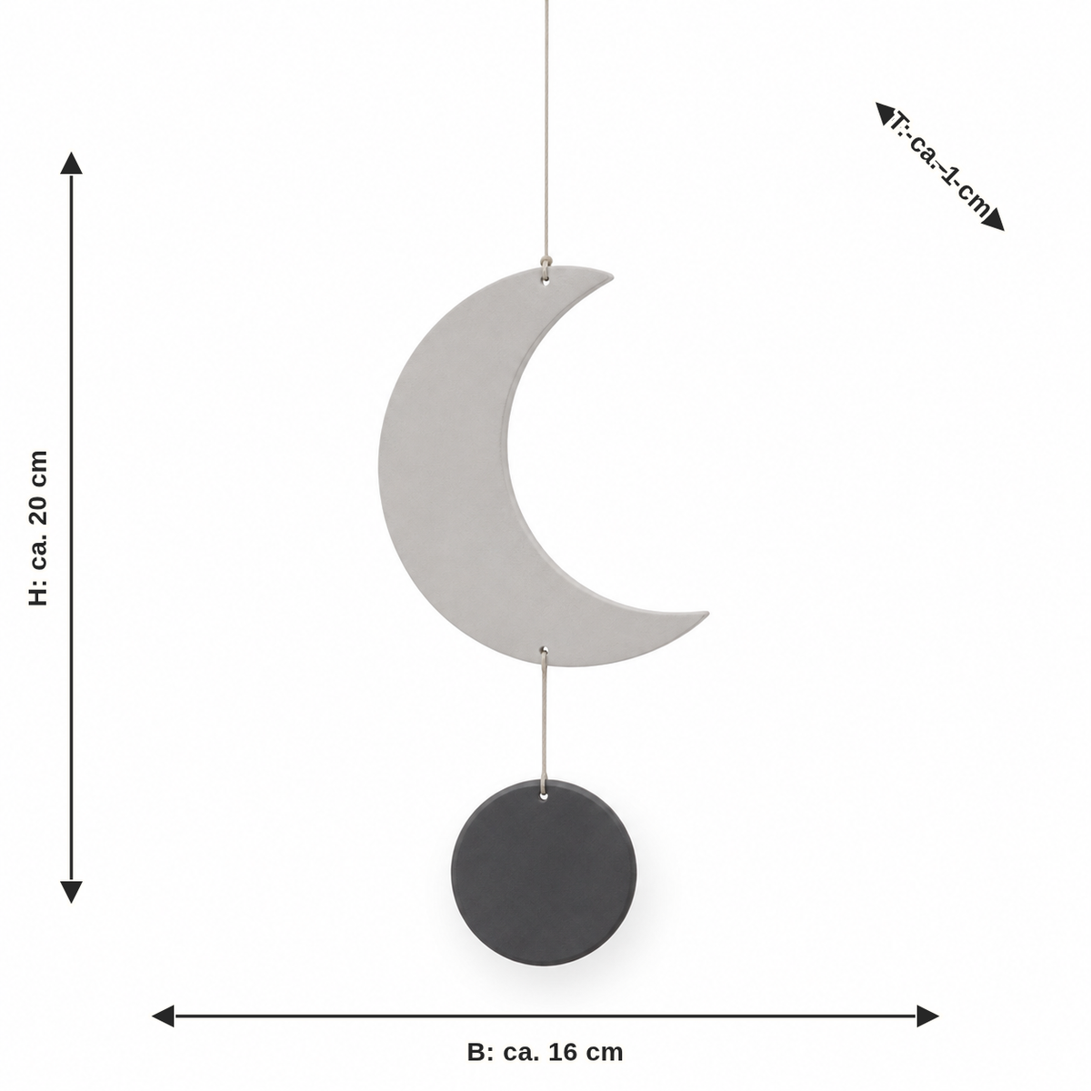 Dimensional image for moon pendant with circle in light grey and graphite: width approx. 16 cm, depth approx. 1 cm, height approx. 20 cm