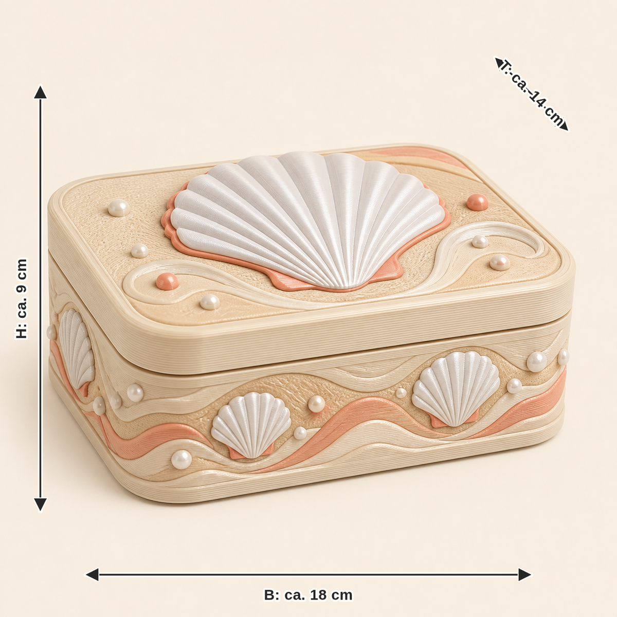 Dimensional image for shell storage box Sand gloss: width approx. 18 cm, depth approx. 14 cm, height approx. 9 cm