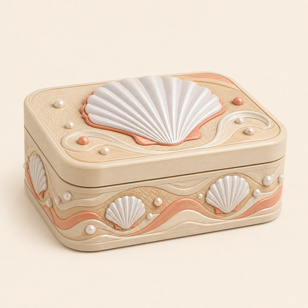 Shell storage box sand gloss in 3D printed PETG in pearl white, sand beige, coral
