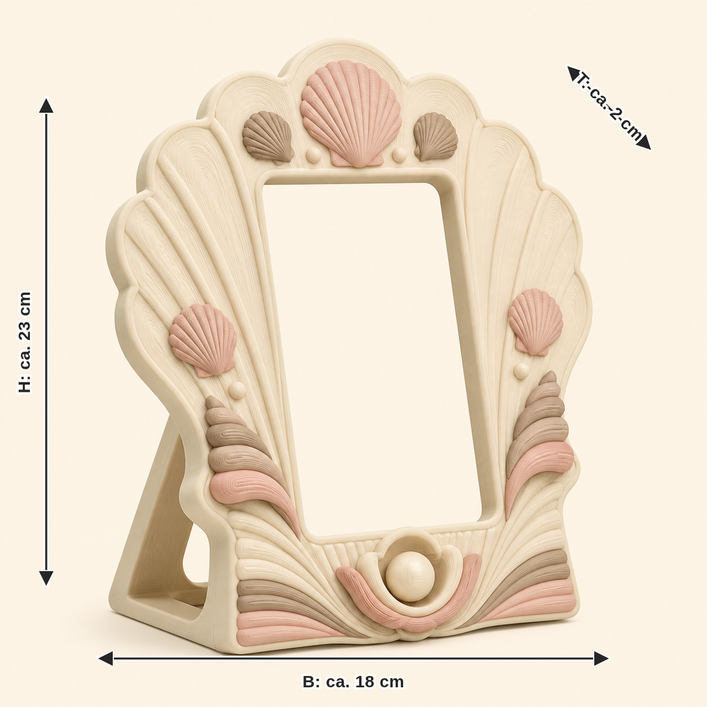 Measurement image for shell photo frame Coastal find: width approx. 18 cm, depth approx. 2 cm, height approx. 23 cm