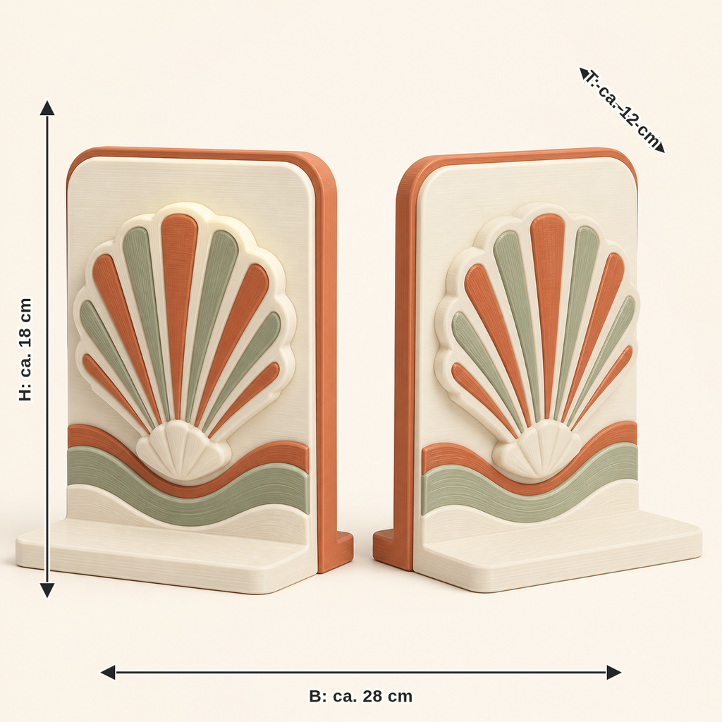 Dimensional image for shell bookends pair fan track: width approx. 28 cm, depth approx. 12 cm, height approx. 18 cm