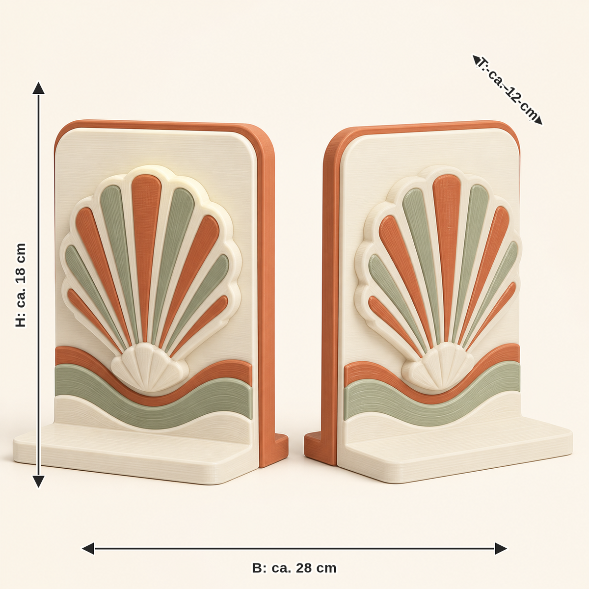 Dimensional image for shell bookends pair fan track: width approx. 28 cm, depth approx. 12 cm, height approx. 18 cm