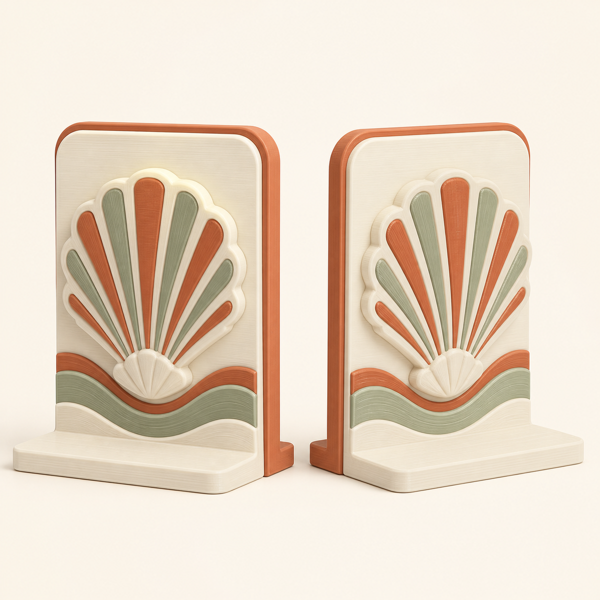 Shell Bookends-Pair Fan Track from 3D-printed PETG in warm white, terracotta, sage green