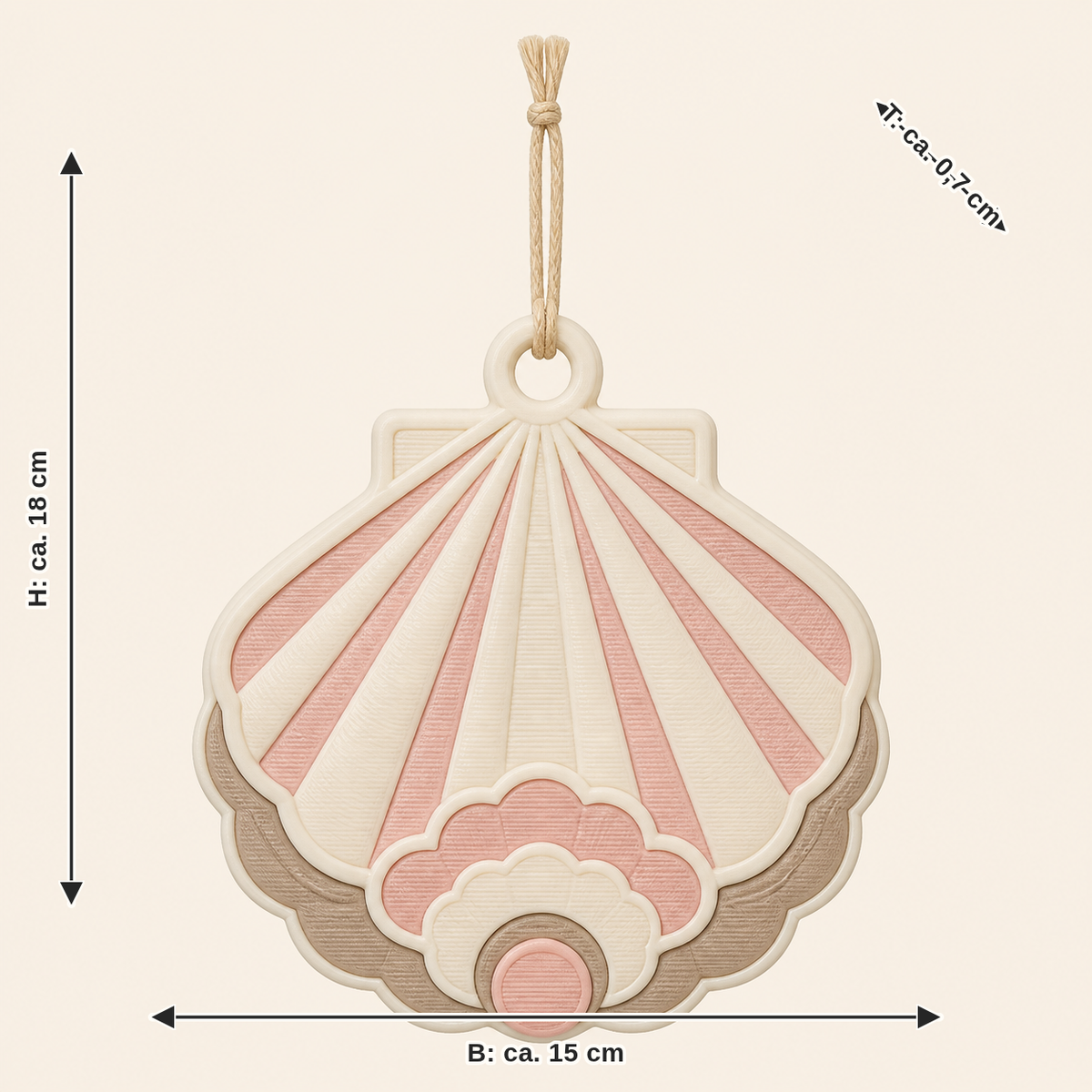 Dimensional image for shell window ornament sand rib: width approx. 15 cm, depth approx. 0.7 cm, height approx. 18 cm