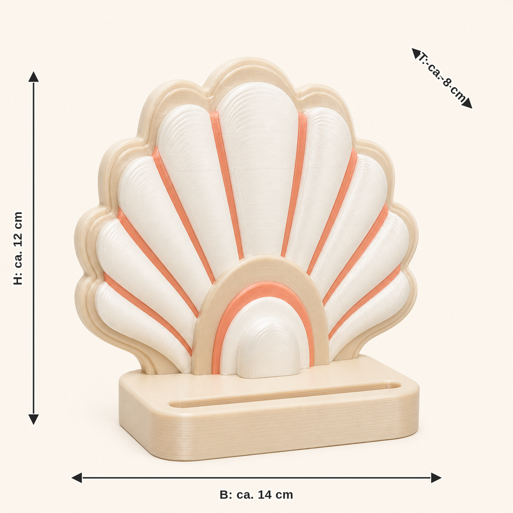 Dimensional image for shell photo holder pearl arc: width approx. 14 cm, depth approx. 8 cm, height approx. 12 cm
