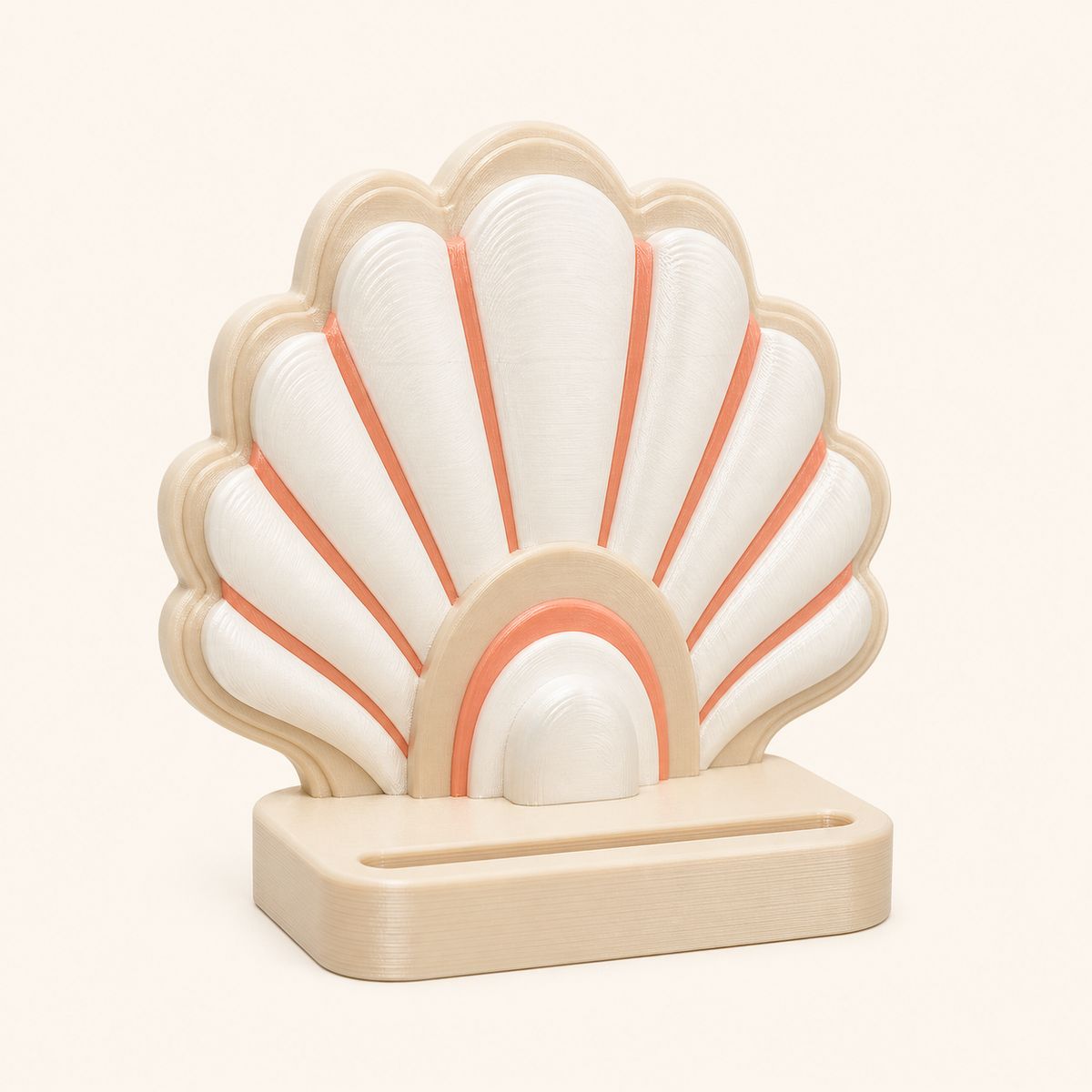 3D-printed PETG bead arch in pearl white, sand beige, coral