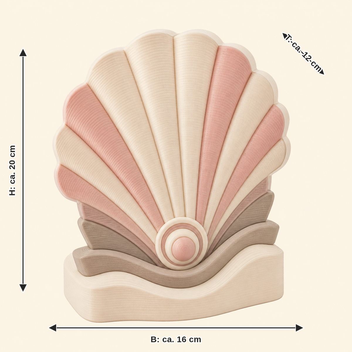 Dimensional image for shell mini sculpture coastal light: width approx. 16 cm, depth approx. 12 cm, height approx. 20 cm