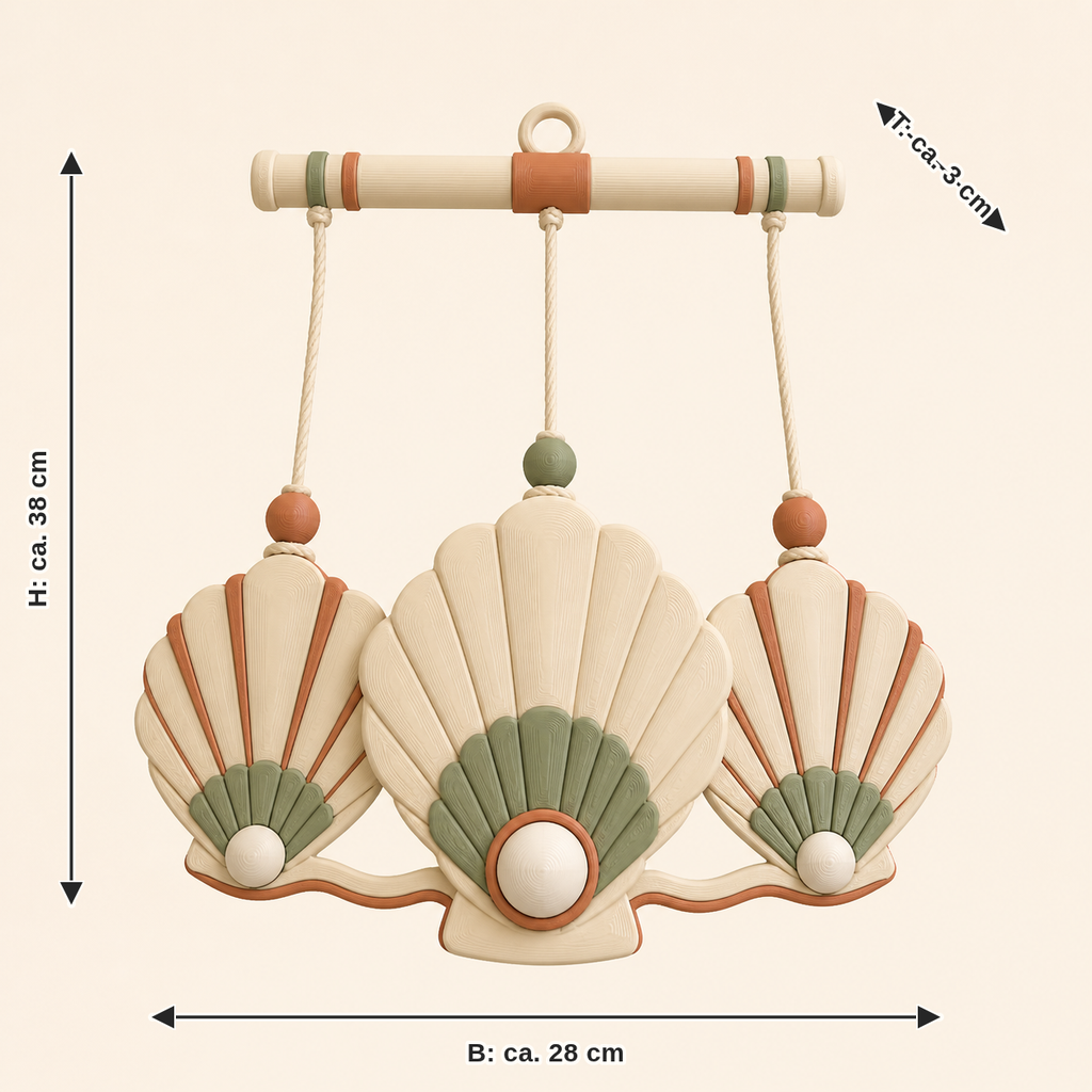 Dimensional image for shell mobile lagoon bead: width approx. 28 cm, depth approx. 3 cm, height approx. 38 cm